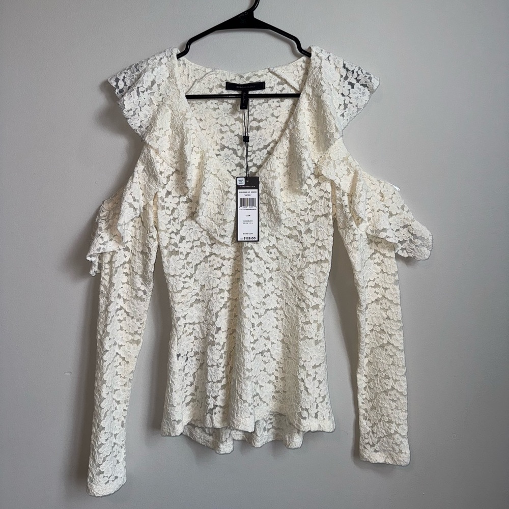 NEW BCBGMAXAZRIA “Astril” Lace Cold Shoulder Ruffle Top in Whisper White Size M